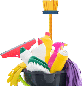 Colorful household cleaning supplies in a bucket with broom, sprays, gloves, and cloths.