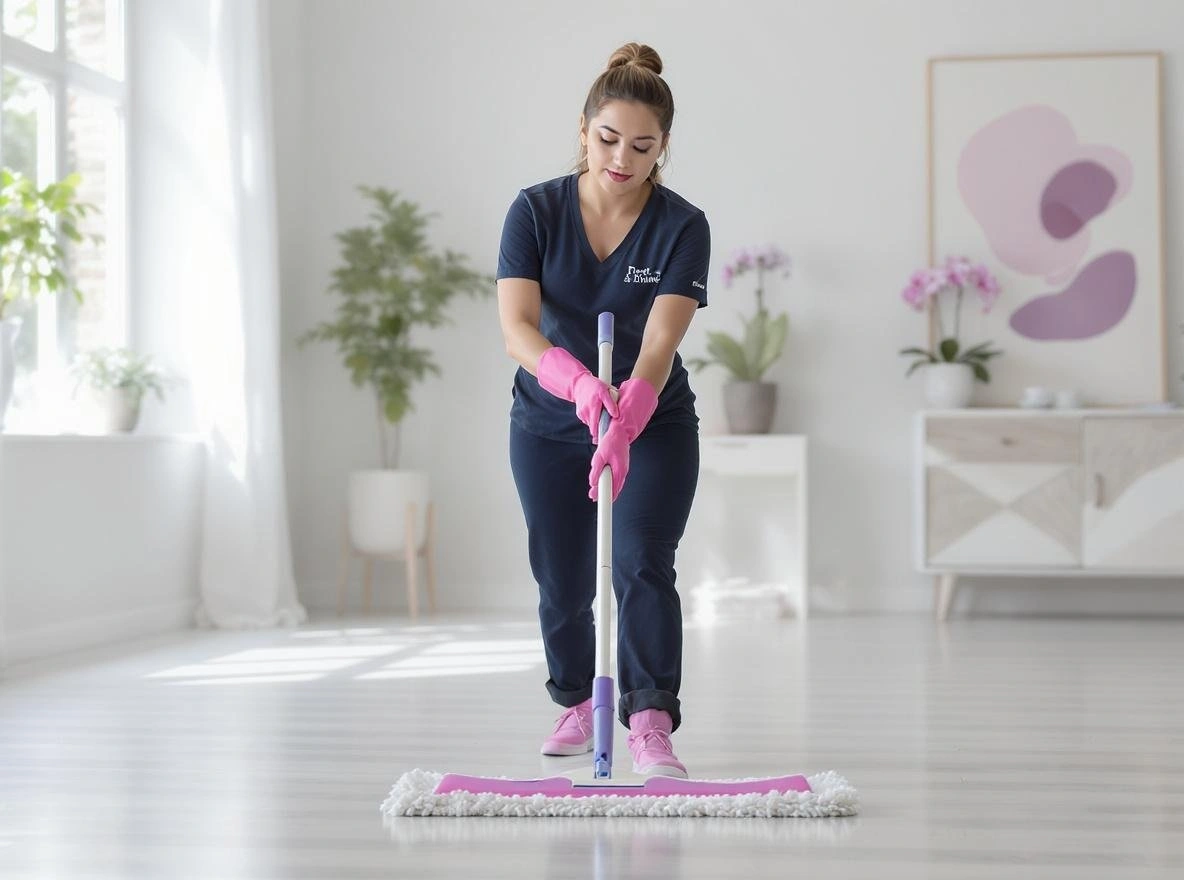 Professional cleaner mopping a bright modern home in Helsinki for Dust & Shine cleaning service.
