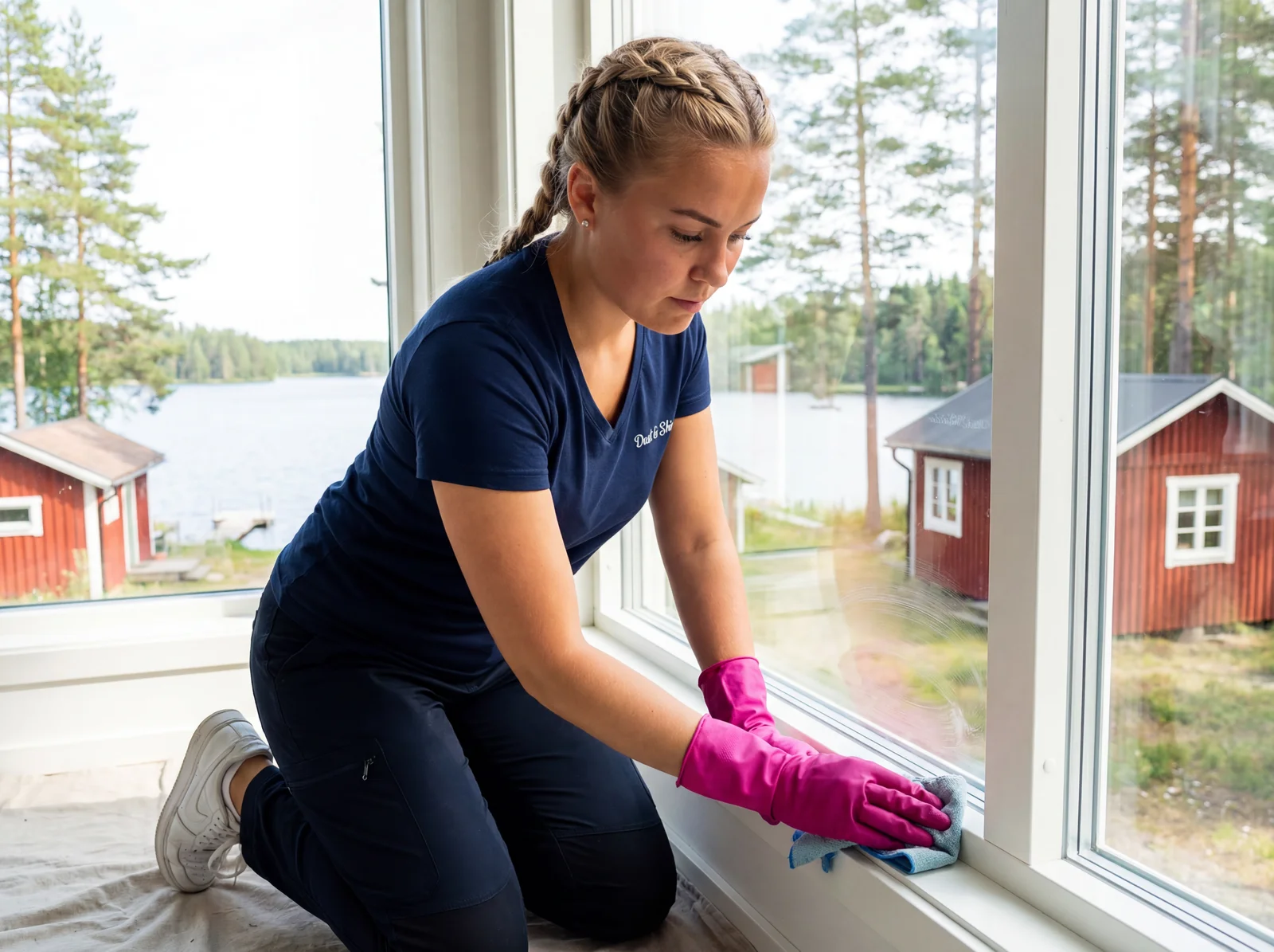 Ikkunanpesu Espoo – Dust & Shine siivooja pyyhkii ikkunan karmeja ja laseja mökkimaisemassa