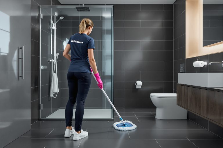 Professional cleaner mopping a modern dark-tiled bathroom floor for Dust & Shine cleaning service.