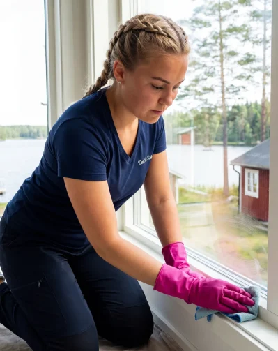 Ikkunanpesu Espoo – Dust & Shine siivooja pyyhkii ikkunan karmeja ja laseja mökkimaisemassa