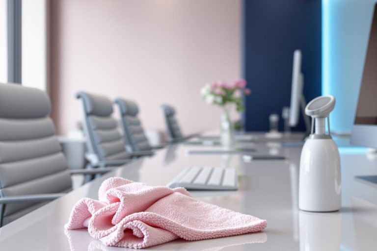 Clean modern conference room with glossy table, ergonomic chairs, and fresh minimalist decor.